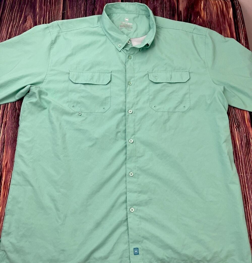 Heybo Green Vented Performance Fishing Button Down Short Sleeve Shirt Mens XL